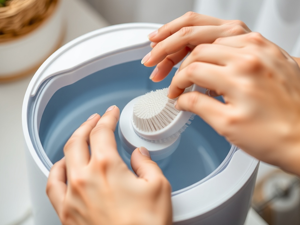 안전하고 위생적인 가습기 사용을 위해 물통을 분리하여 부드러운 솔로 꼼꼼하게 세척하는 모습