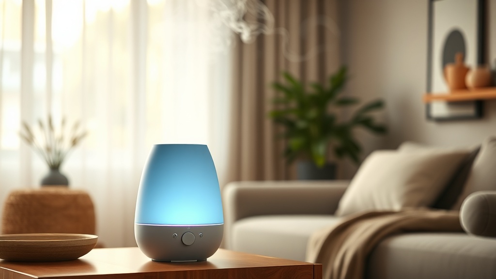 건조한 겨울철 쾌적한 실내 습도 유지를 위해 거실 테이블 위에서 작동 중인 모던한 디자인의 가습기